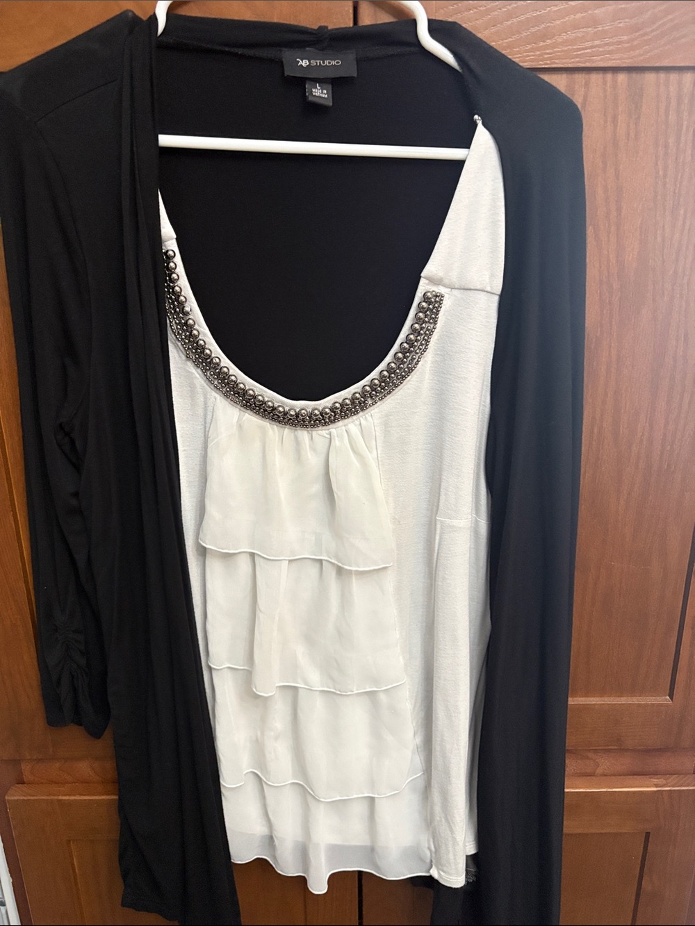 Studio Black Cardigan with White Beaded Ruffle Tank
